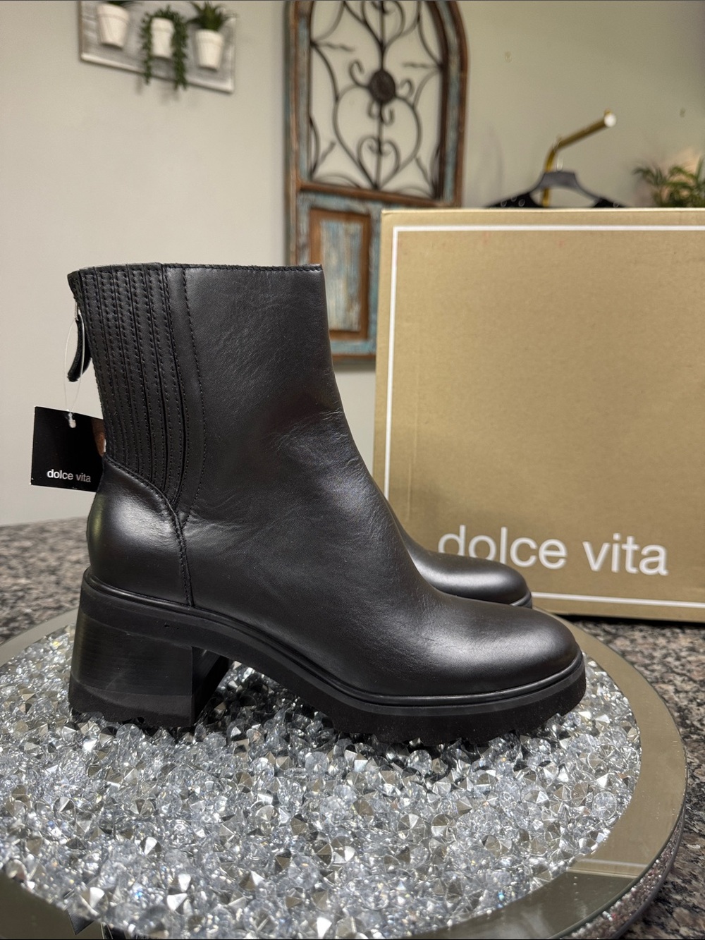 Dolce Vita Martey  Waterproof Black Leather Block Heel Ankle Boots NEW 7.5